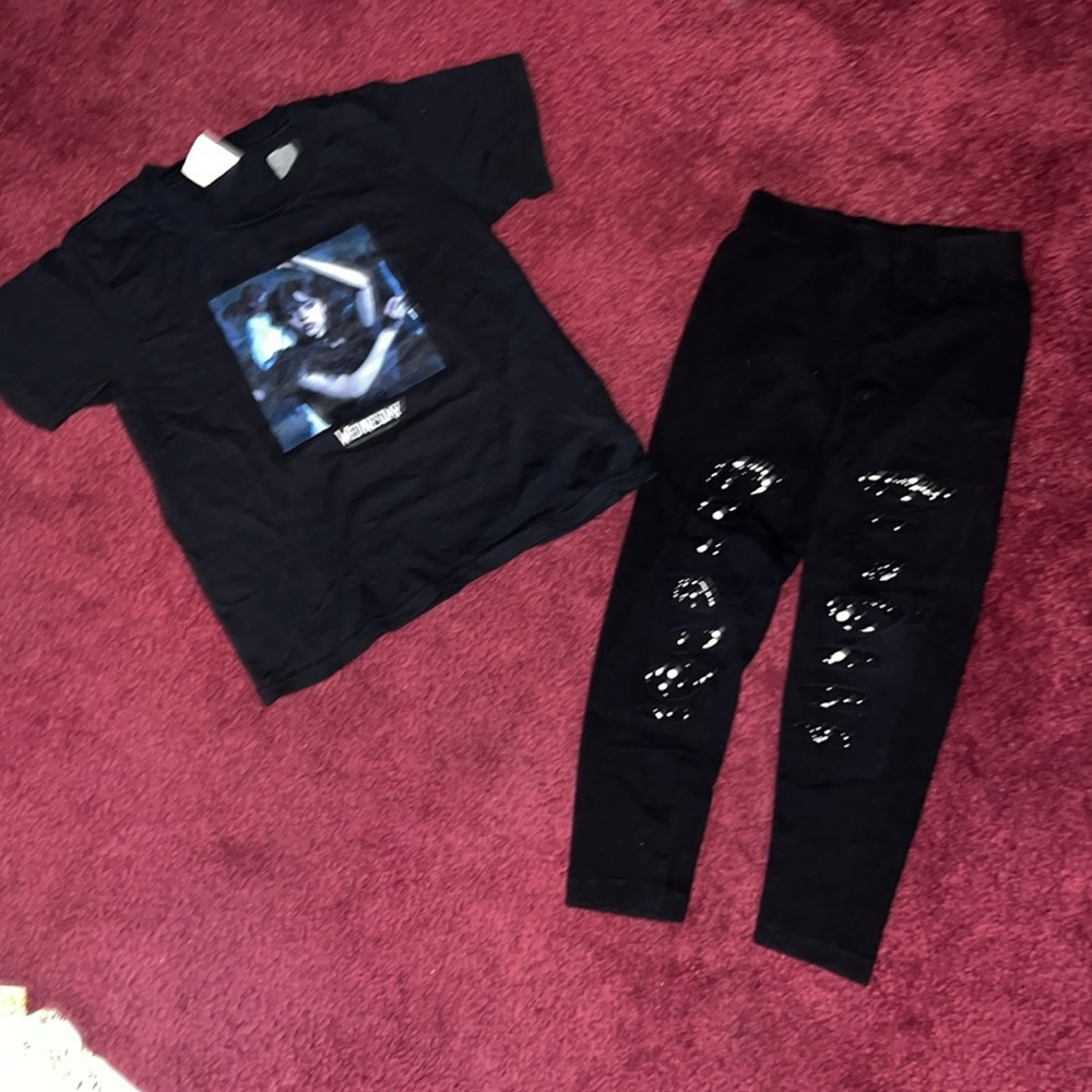 Girls black Wednesday T-shirt size 5-6.  Black cotton spandex stretch pants